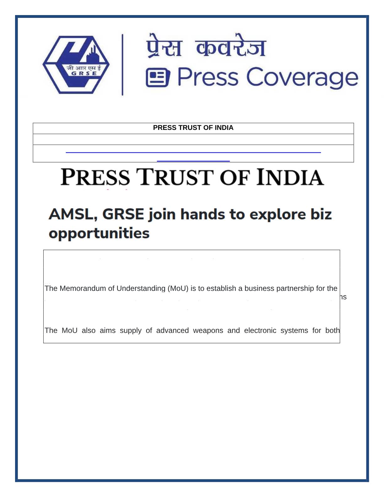 Press Coverage :GRSE & APOLLO MICRO SYSTEM SIGN MOU TO POWER NEXT-GEN DEFENCE INNOVATION